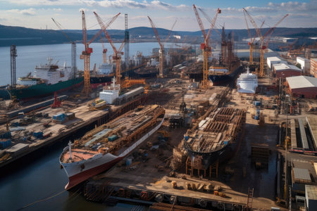 shipyard, with ship under construction, surrounded by cranes and other equipment, created with generative aiの素材