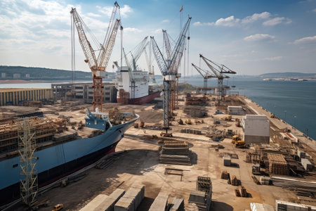 shipyard, with ship under construction, surrounded by cranes and other equipment, created with generative aiの素材