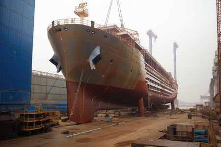 shipyard, with workers installing equipment and fitting out newly constructed ship, created with generative aiの素材
