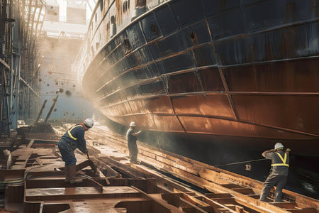 shipyard, with workers welding and hammering on hull of new ship, created with generative aiの素材