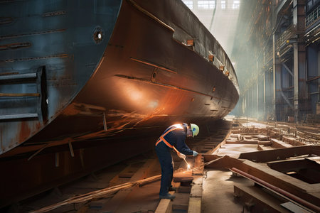 shipyard, with workers welding and hammering on hull of new ship, created with generative aiの素材