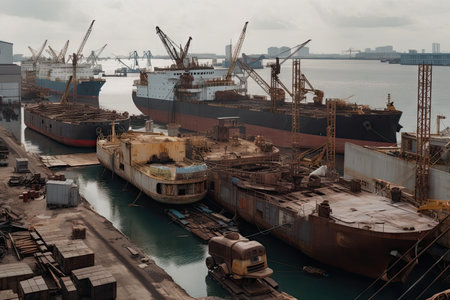 shipyard, with ships in various stages of construction and repair, created with generative aiの素材