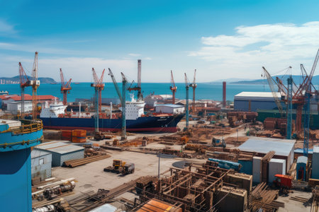 shipyard with view of the ocean, surrounded by busy work of seamen and shipbuilders, created with generative aiの素材