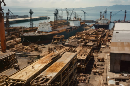 shipyard with view of the ocean, surrounded by busy work of seamen and shipbuilders, created with generative aiの素材