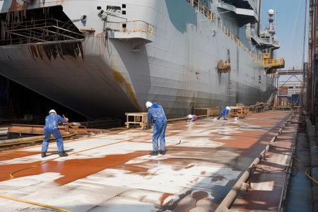 shipyard, with workers welding and painting deck of newly built ship, created with generative aiの素材