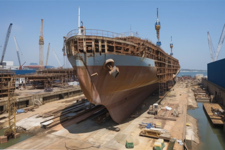 shipyard, with half-finished hulls and cargo being loaded for maiden voyage, created with generative aiの素材