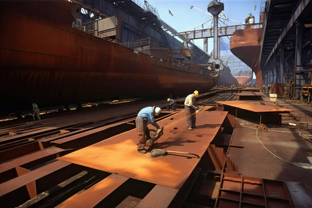 shipyard, with workers busy welding and painting steel hulls, created with generative aiの素材
