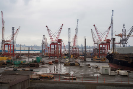 shipyard, with towering cranes and stacks of materials visible, created with generative aiの素材