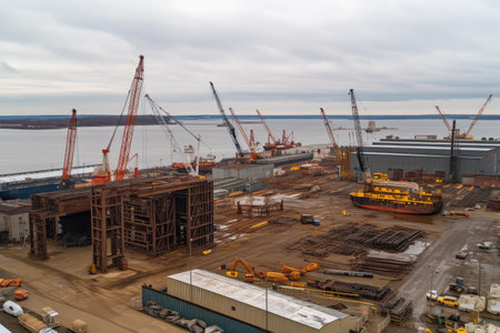 shipyard, with towering cranes and stacks of materials visible, created with generative aiの素材