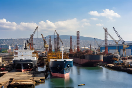shipyard, with a variety of vessels under construction, including cargo and passenger ships, created with generative aiの素材