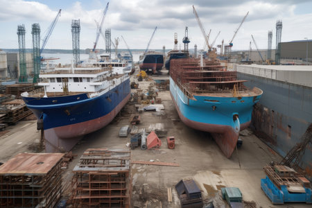 a shipyard, with a variety of vessels in different stages of construction, created with generative aiの素材