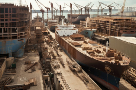 shipyard, with majestic vessels in various stages of construction and repair, created with generative aiの素材