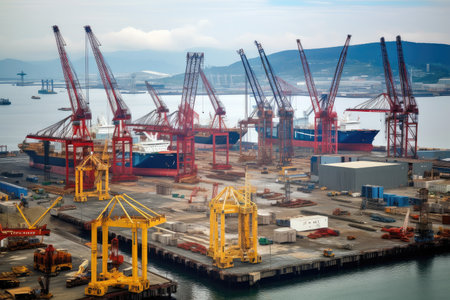 shipyard, with ships under construction and cranes towering over them, created with generative aiの素材