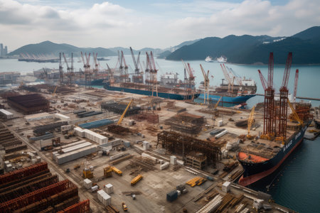 large-scale shipbuilding project, with hundreds of workers and cranes in view, created with generative aiの素材