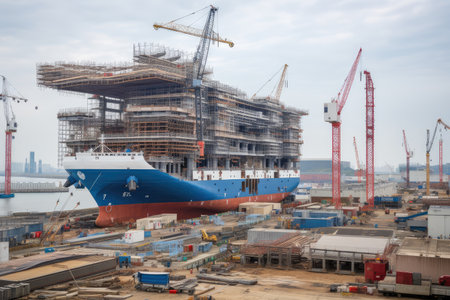 large-scale shipbuilding project, with hundreds of workers and cranes in view, created with generative aiの素材