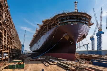 shipyard, with view of massive ship under construction, created with generative aiの素材