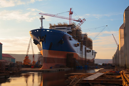 shipyard, with view of massive ship under construction, created with generative aiの素材