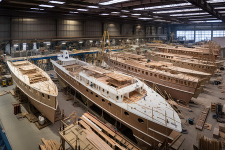 shipyard, with rows of completed ships and parts ready for assembly, created with generative aiの素材
