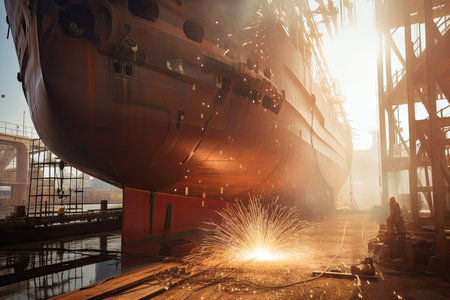 ship under construction, with welding sparks flying and steel hull being built, created with generative aiの素材