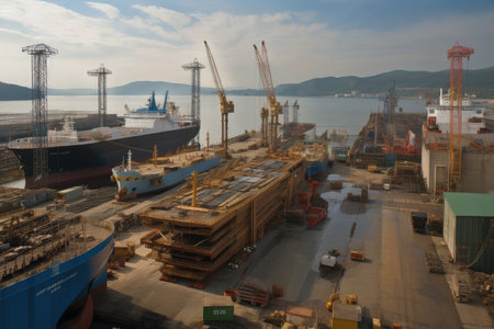 shipyard, with view of ships in various stages of construction, created with generative aiの素材
