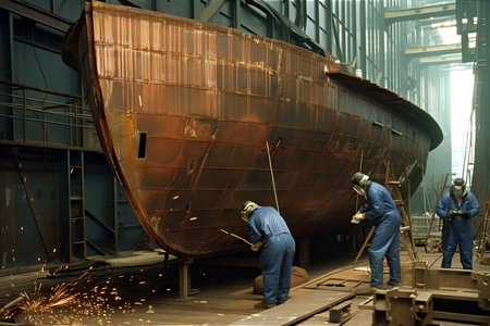 shipyard, with workers welding new parts onto ship hull, created with generative aiの素材
