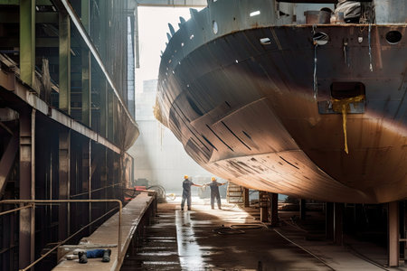 shipyard, with workers welding new parts onto ship hull, created with generative aiの素材
