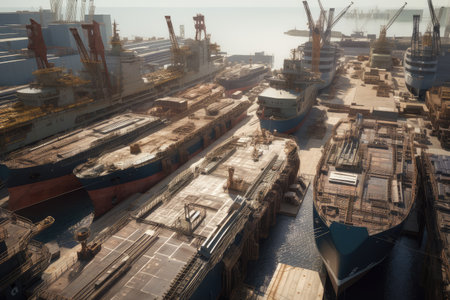 shipyard, with various ships in different states of construction and repair, created with generative aiの素材