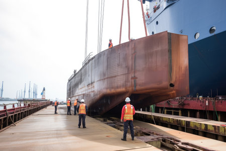 long steel plate being rolled onto the ships hull, created with generative aiの素材