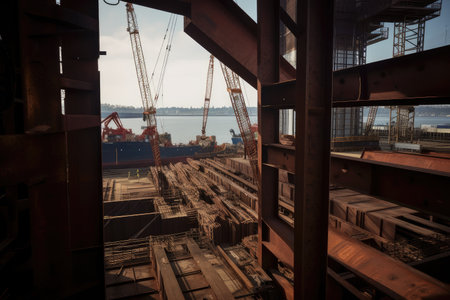shipyard, with view of cranes lifting massive pieces of steel for new vessel, created with generative aiの素材