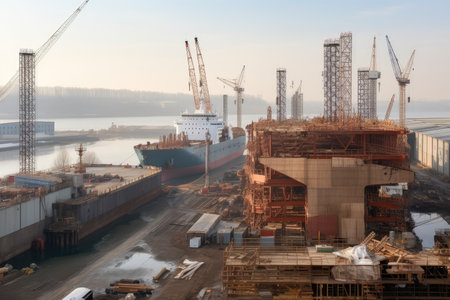shipyard, with various vessels under construction and in various stages of completion, created with generative aiの素材