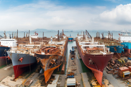 shipyard with dozens of ships in different stages of completion and repair, created with generative aiの素材