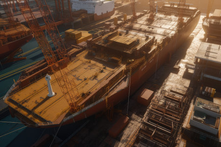 drone capturing detailed images of shipyard and ships being built, created with generative aiの素材