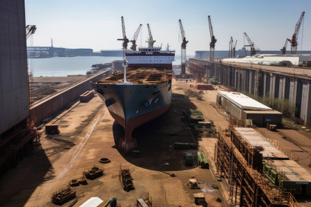 shipyard, with view of a ship being constructed on drydocks, created with generative aiの素材