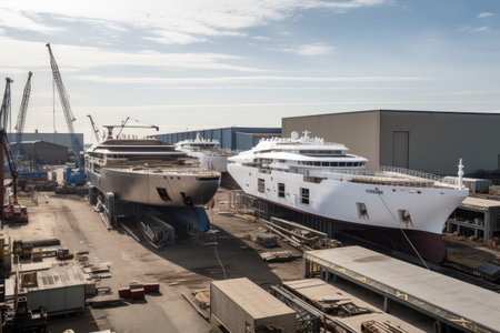 shipyard, with vessels being constructed and fitted out in different stages of completion, created with generative aiの素材