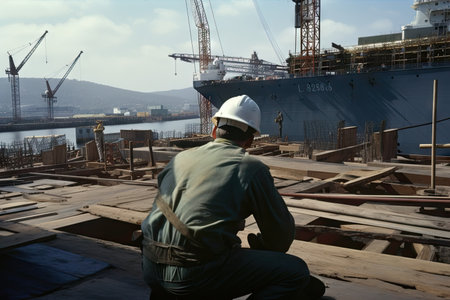 shipbuilder constructing naval vessel, with view of the shipyard and ocean in the background, created with generative aiの素材