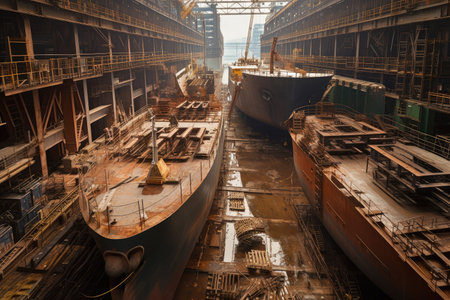 shipyard, with ships under construction, and workers welding and fitting parts, created with generative aiの素材