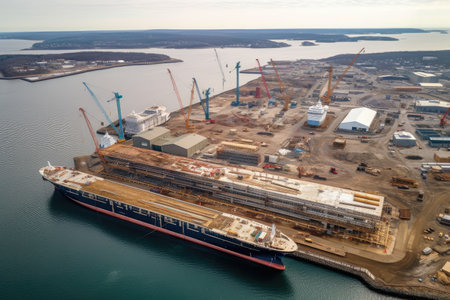 dockyard with view of ship under construction, seen from above, created with generative aiの素材