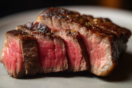 close-up of wagyu steak, with crispy edges and juicy interior, created with generative aiの素材
