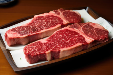 platter of wagyu steaks, perfectly cooked to medium-rare, created with generative aiの素材