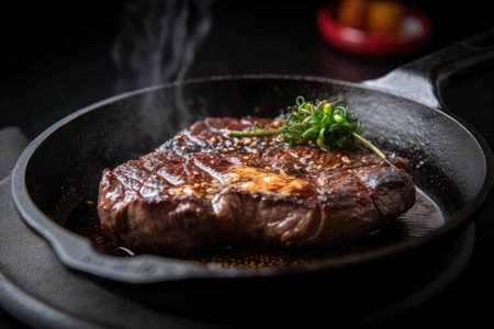 sizzling wagyu steak, pan-fried and ready to be eaten, created with generative aiの素材