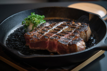 sizzling wagyu steak, pan-fried and ready to be eaten, created with generative aiの素材