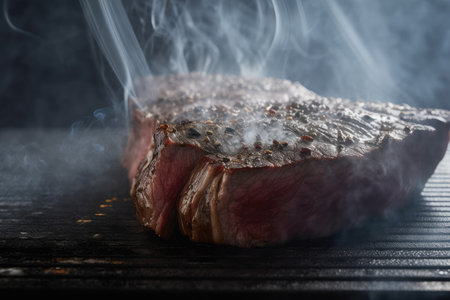 close-up of wagyu steak with grill marks and smoke rising from the surface, created with generative aiの素材