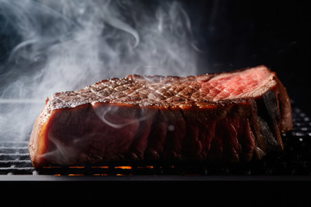 close-up of wagyu steak with grill marks and smoke rising from the surface, created with generative aiの素材
