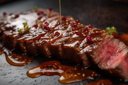 close-up of wagyu steak, with droplets of juices and sauce, created with generative aiの素材