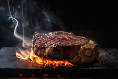 sizzling wagyu steak being cooked on hot grill with smoke and flames, created with generative aiの素材