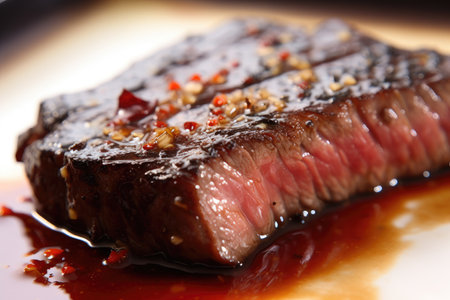 close-up of wagyu steak, with glistening juices and savory flavor, created with generative aiの素材