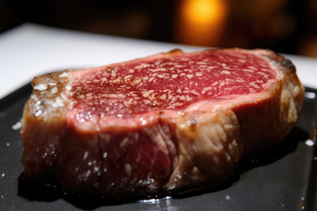 close-up of wagyu steak, with glistening juices and savory flavor, created with generative aiの素材