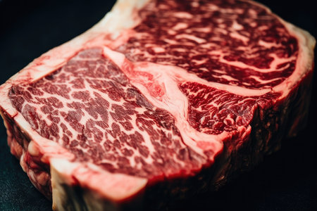 close-up of wagyu steak, showing the marbling and rich flavor, created with generative aiの素材