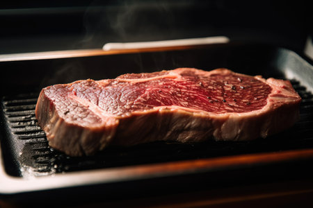 sizzling wagyu steak, ready to be cooked on hot pan, created with generative aiの素材