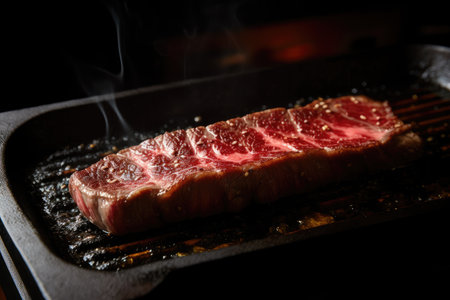 sizzling wagyu steak, ready to be cooked on hot pan, created with generative aiの素材